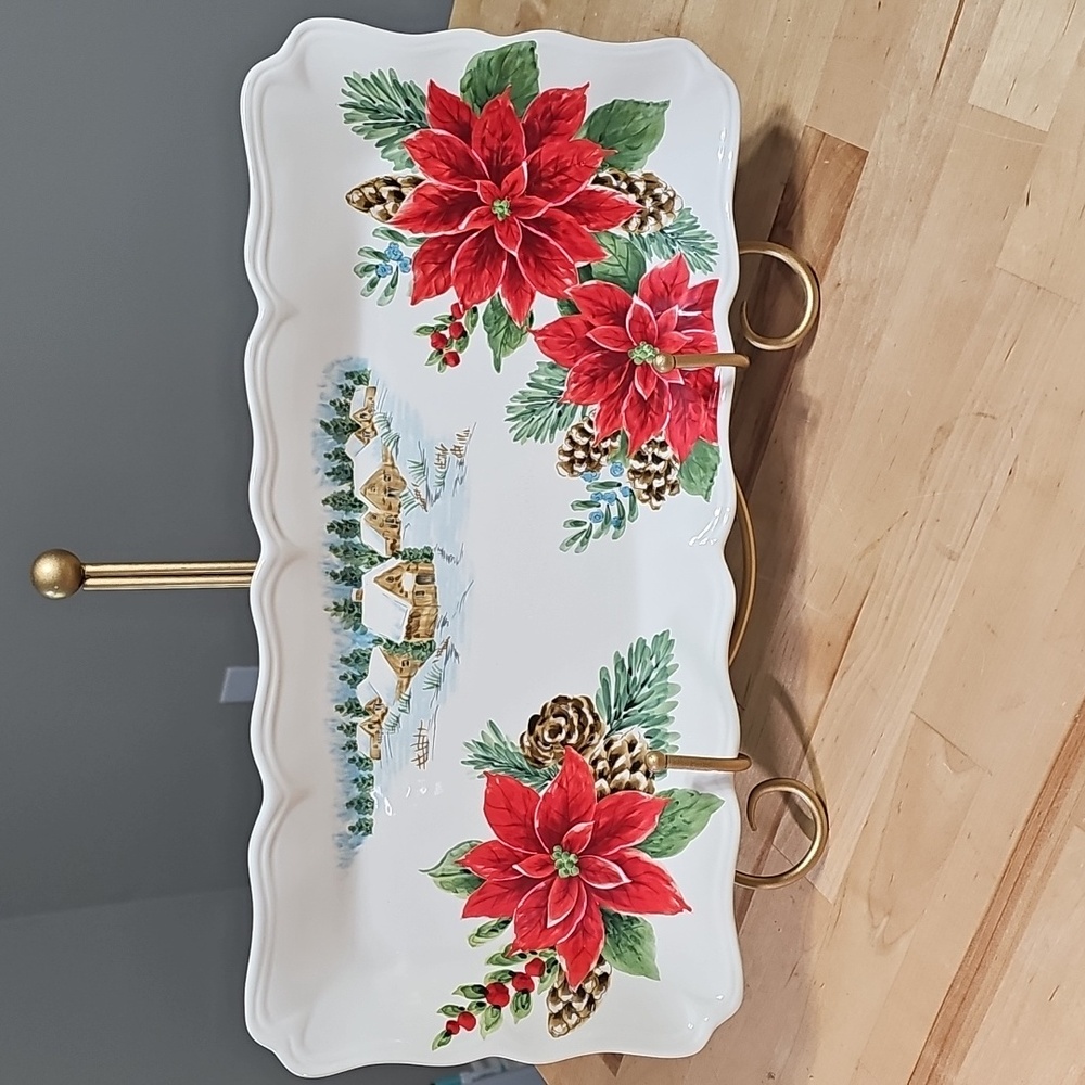 🎀Maxcera Winter Village Poinsettia Christmas Rectangular Serving Platter 17.5"